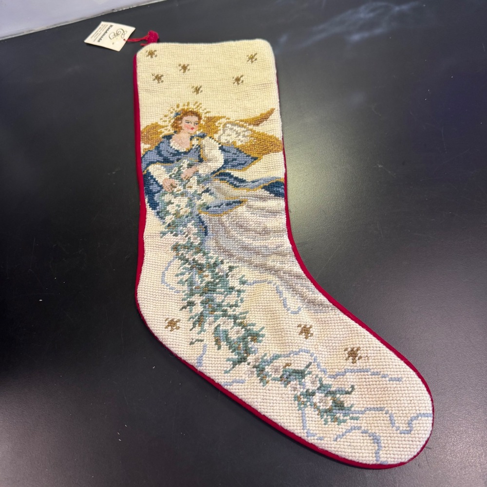 C&F Enterprises Christmas Stocking Wool Needlepoint Angel Red Velvet 1993